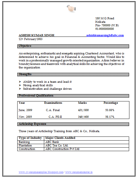 Resume format for chartered accountants